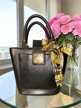 Vintage MCM Black Leather Top Handle Bucket Tote Bag Gold Plaque